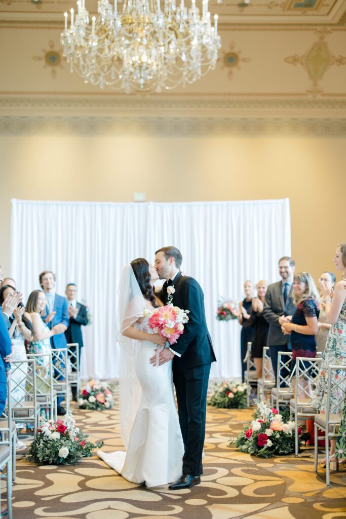 Bride and Groom celebrate their wedding in Corbett Tower at Cincinnati Music Hall