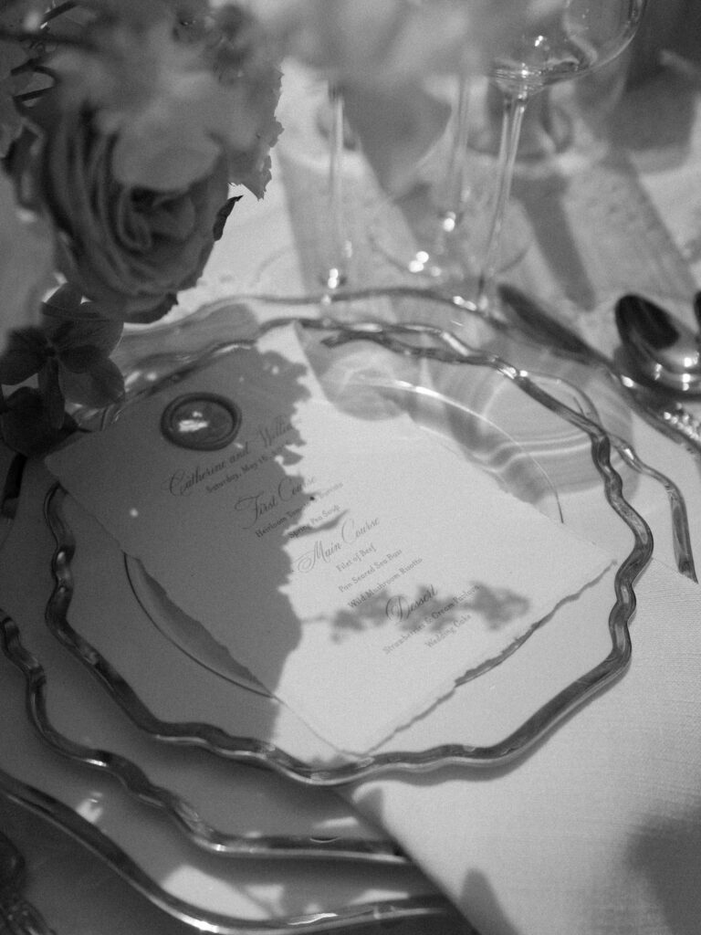 Elegant wedding tablescape at The Swan House Atlanta photographed in black and white